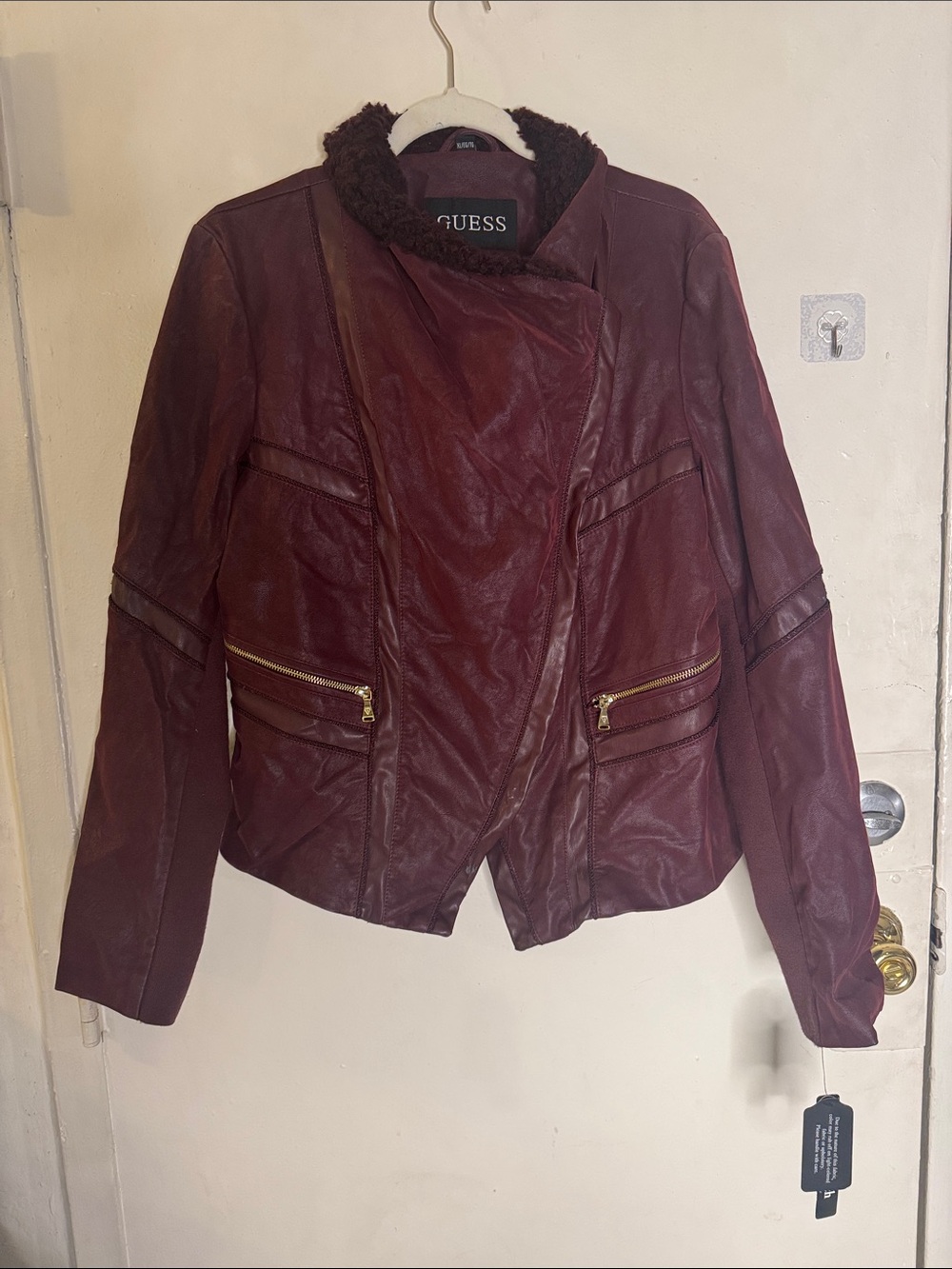 GUESS Women's Burgundy Faux Leather Moto Jacket with Shearling Collar